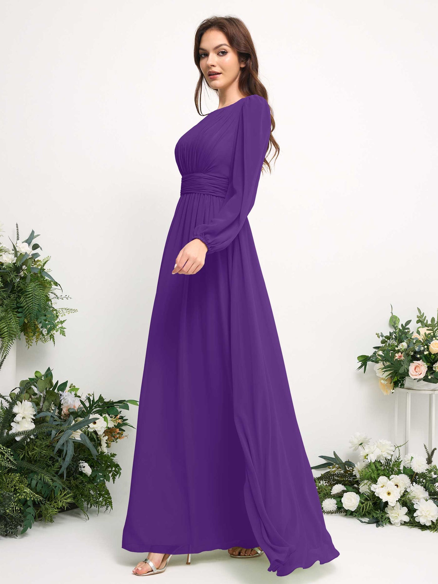 Boat Neck Long Sleeve Chiffon Maxi Dress | Elegant A-Line Bridesmaid & Wedding Guest Dress #color_regency
