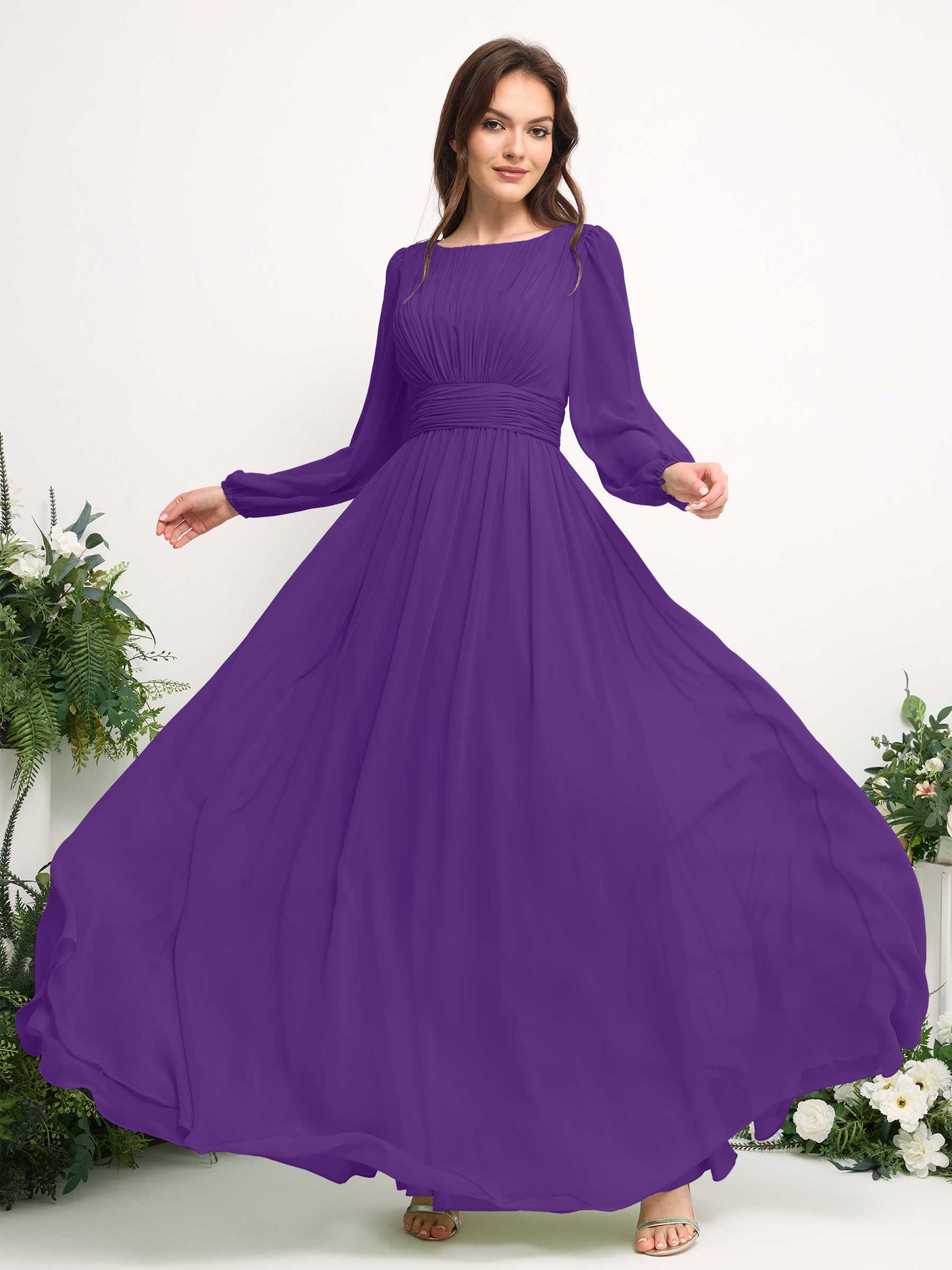 Boat Neck Long Sleeve Chiffon Maxi Dress | Elegant A-Line Bridesmaid & Wedding Guest Dress #color_regency