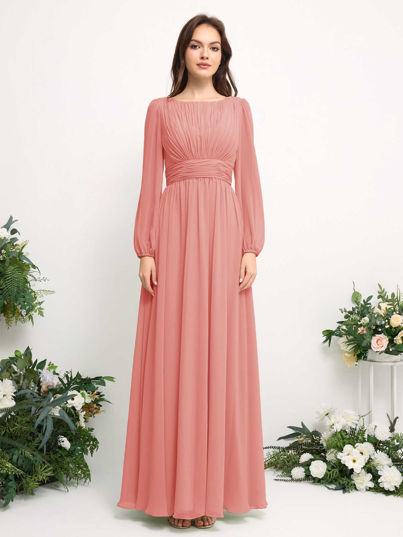 Boat Neck Long Sleeve Chiffon Maxi Dress | Elegant A-Line Bridesmaid & Wedding Guest Dress #color_peach-pink
