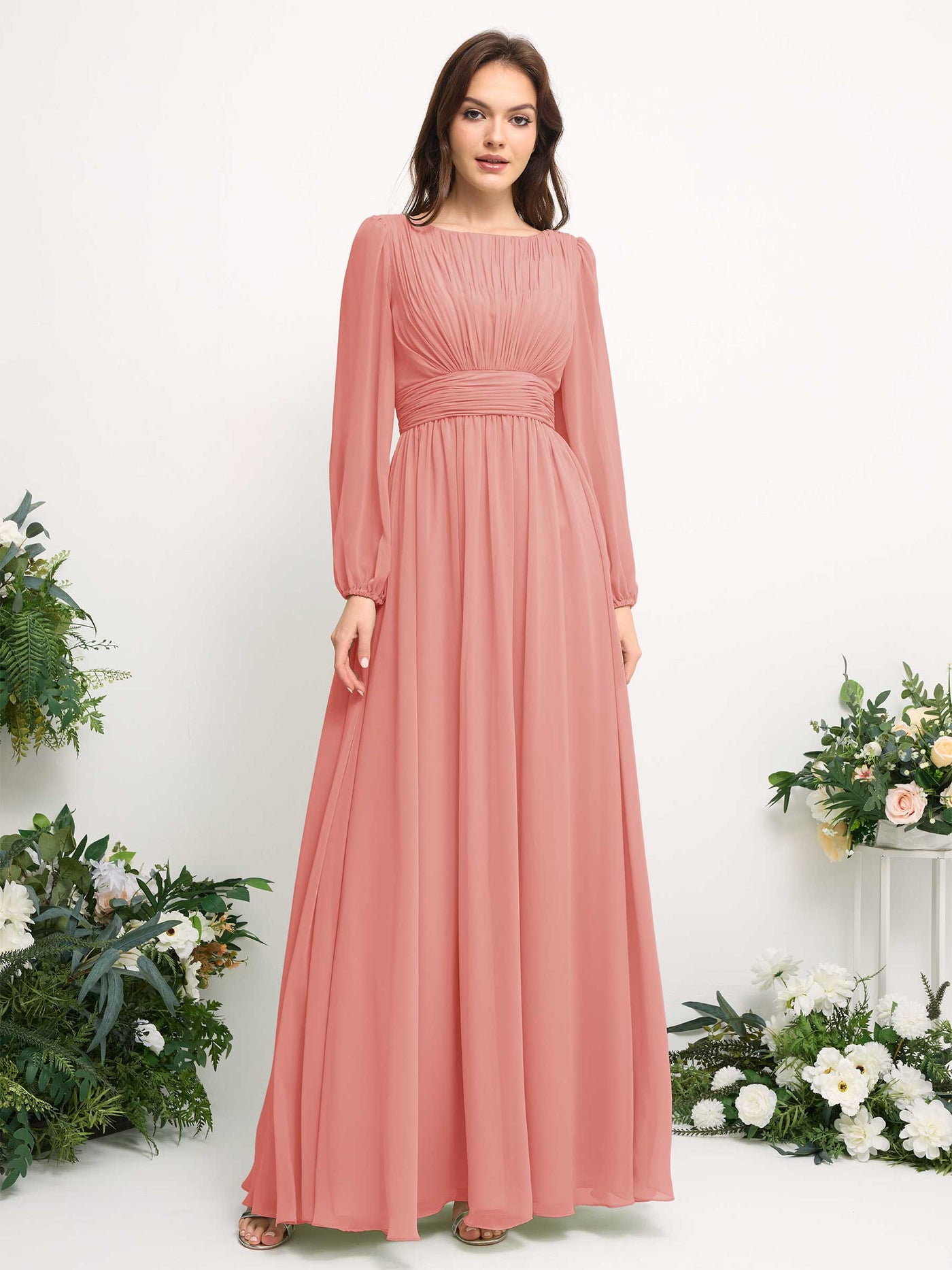 Boat Neck Long Sleeve Chiffon Maxi Dress | Elegant A-Line Bridesmaid & Wedding Guest Dress #color_peach-pink