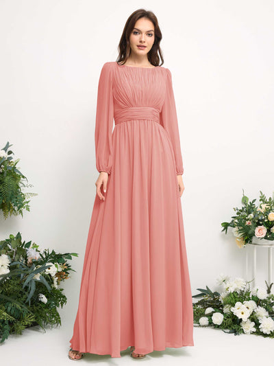 Boat Neck Long Sleeve Chiffon Maxi Dress | Elegant A-Line Bridesmaid & Wedding Guest Dress #color_peach-pink