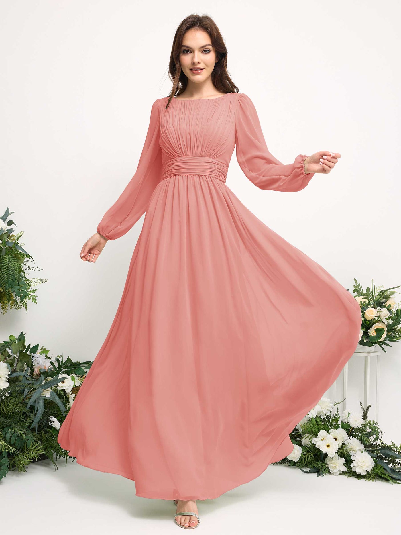 Boat Neck Long Sleeve Chiffon Maxi Dress | Elegant A-Line Bridesmaid & Wedding Guest Dress #color_peach-pink