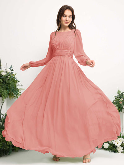 Boat Neck Long Sleeve Chiffon Maxi Dress | Elegant A-Line Bridesmaid & Wedding Guest Dress #color_peach-pink