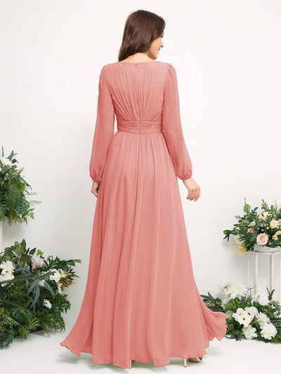 Boat Neck Long Sleeve Chiffon Maxi Dress | Elegant A-Line Bridesmaid & Wedding Guest Dress #color_peach-pink