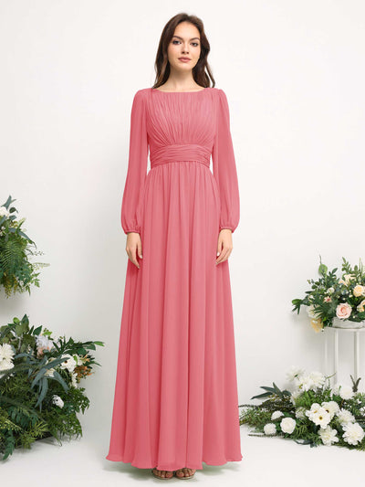 Boat Neck Long Sleeve Chiffon Maxi Dress | Elegant A-Line Bridesmaid & Wedding Guest Dress #color_coral-pink