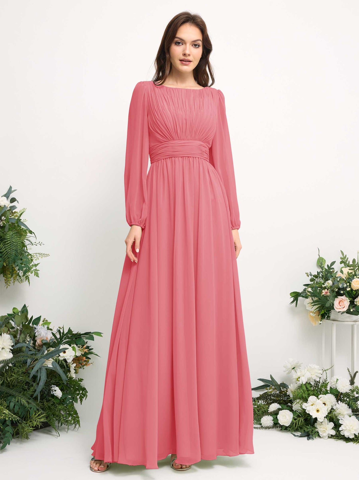 Boat Neck Long Sleeve Chiffon Maxi Dress | Elegant A-Line Bridesmaid & Wedding Guest Dress #color_coral-pink