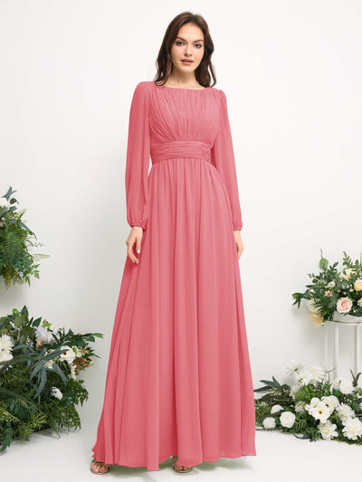 Boat Neck Long Sleeve Chiffon Maxi Dress | Elegant A-Line Bridesmaid & Wedding Guest Dress #color_coral-pink