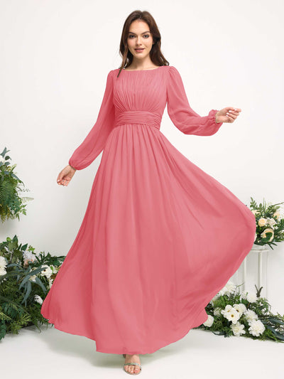 Boat Neck Long Sleeve Chiffon Maxi Dress | Elegant A-Line Bridesmaid & Wedding Guest Dress #color_coral-pink