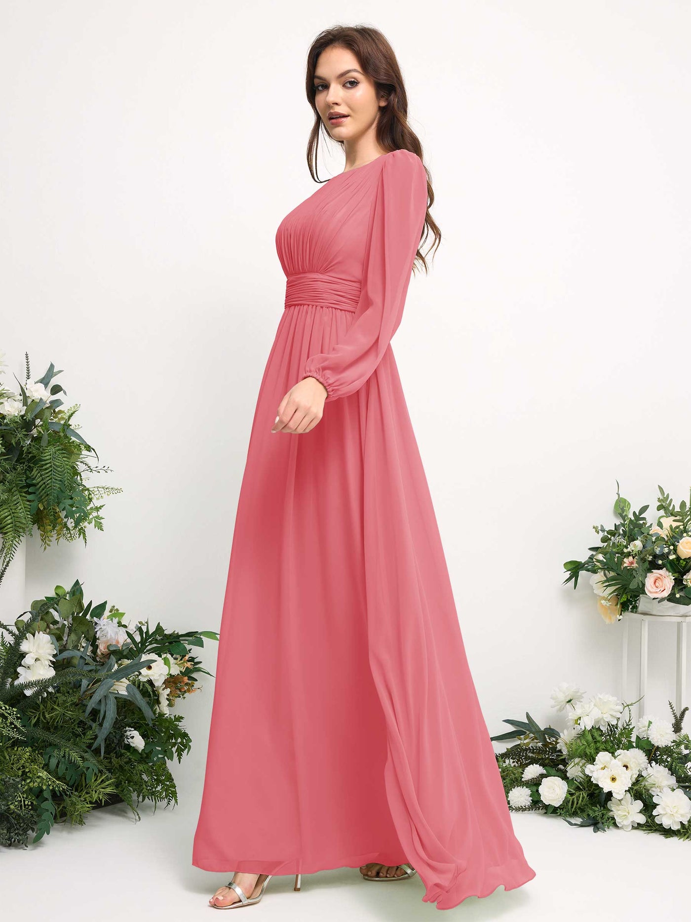 Boat Neck Long Sleeve Chiffon Maxi Dress | Elegant A-Line Bridesmaid & Wedding Guest Dress #color_coral-pink