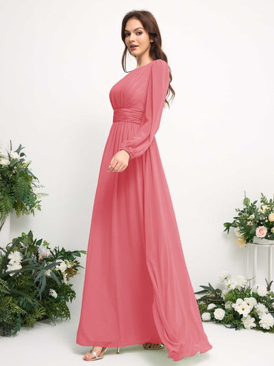 Boat Neck Long Sleeve Chiffon Maxi Dress | Elegant A-Line Bridesmaid & Wedding Guest Dress #color_coral-pink