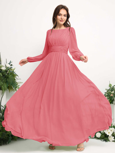 Boat Neck Long Sleeve Chiffon Maxi Dress | Elegant A-Line Bridesmaid & Wedding Guest Dress #color_coral-pink