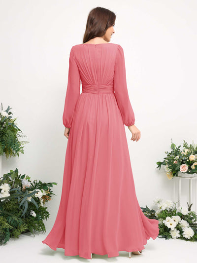 Boat Neck Long Sleeve Chiffon Maxi Dress | Elegant A-Line Bridesmaid & Wedding Guest Dress #color_coral-pink
