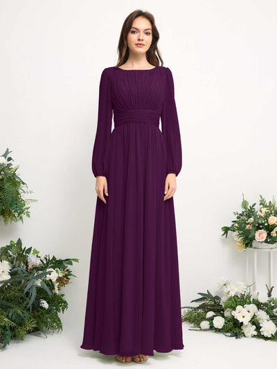 Boat Neck Long Sleeve Chiffon Maxi Dress | Elegant A-Line Bridesmaid & Wedding Guest Dress #color_grape