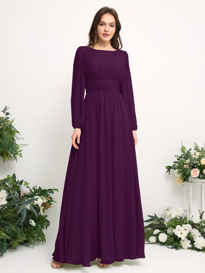 Boat Neck Long Sleeve Chiffon Maxi Dress | Elegant A-Line Bridesmaid & Wedding Guest Dress #color_grape