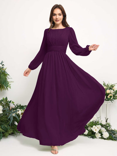Boat Neck Long Sleeve Chiffon Maxi Dress | Elegant A-Line Bridesmaid & Wedding Guest Dress #color_grape