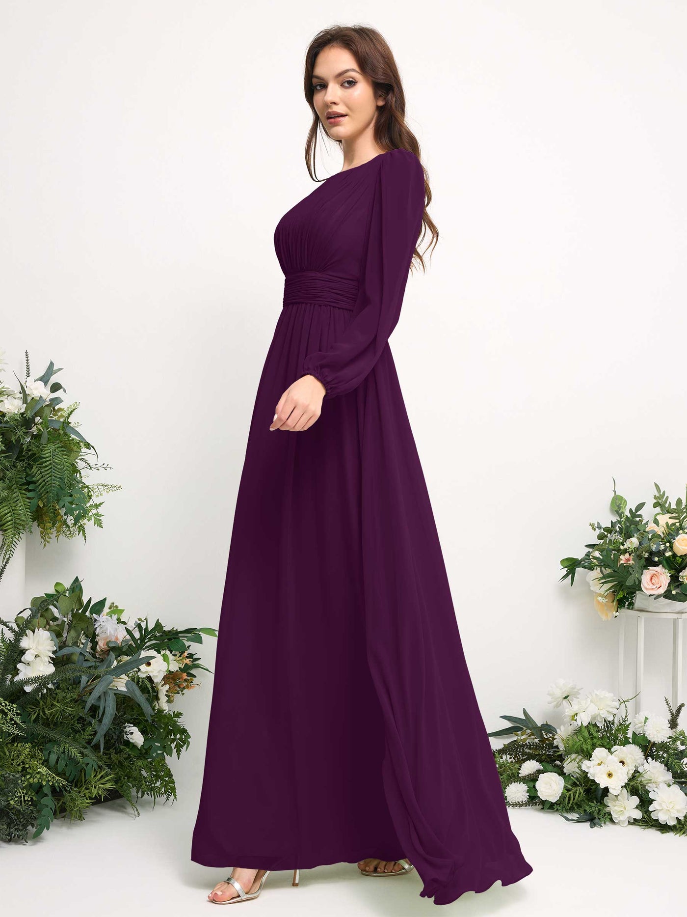 Boat Neck Long Sleeve Chiffon Maxi Dress | Elegant A-Line Bridesmaid & Wedding Guest Dress #color_grape