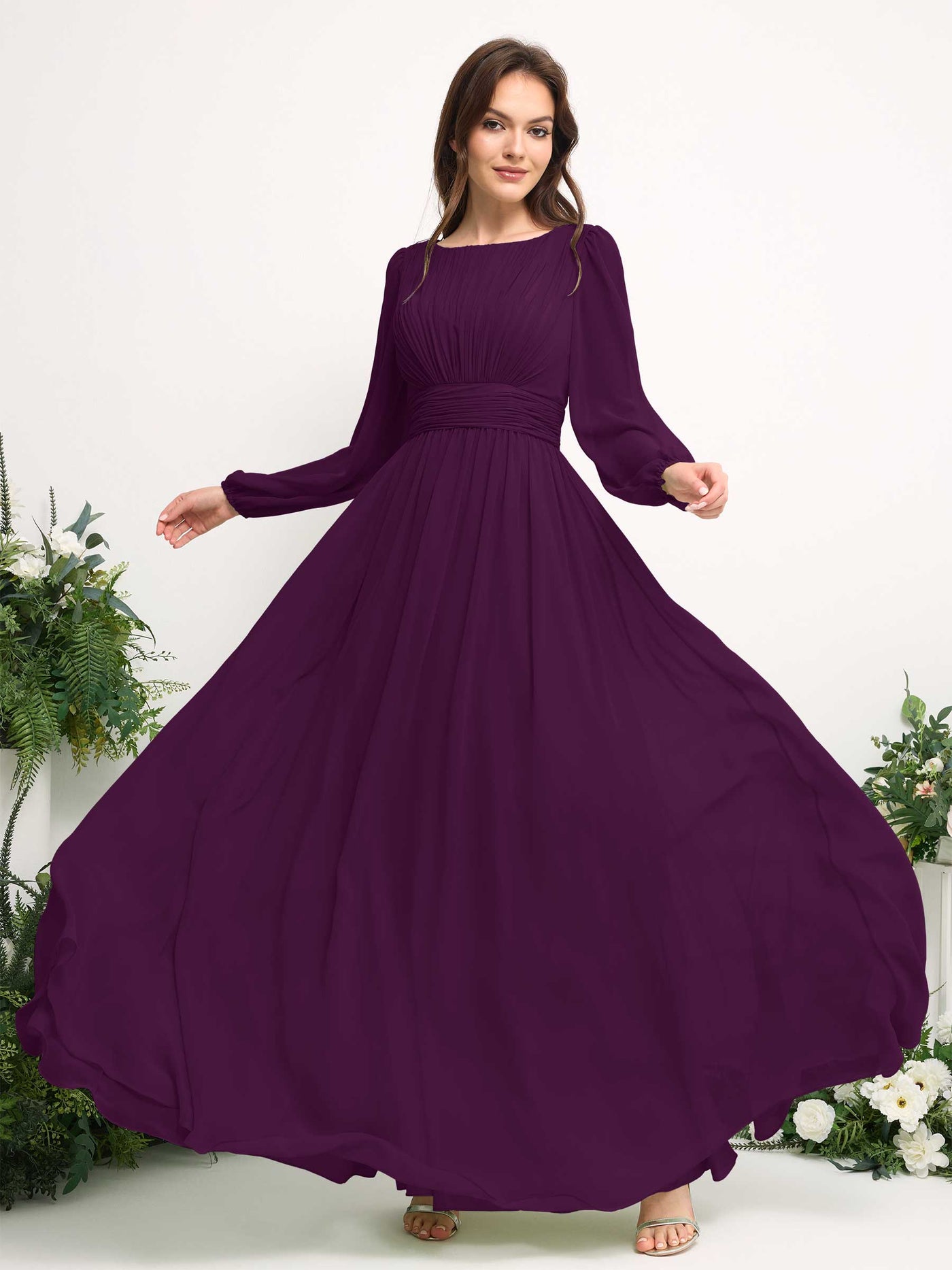 Boat Neck Long Sleeve Chiffon Maxi Dress | Elegant A-Line Bridesmaid & Wedding Guest Dress #color_grape