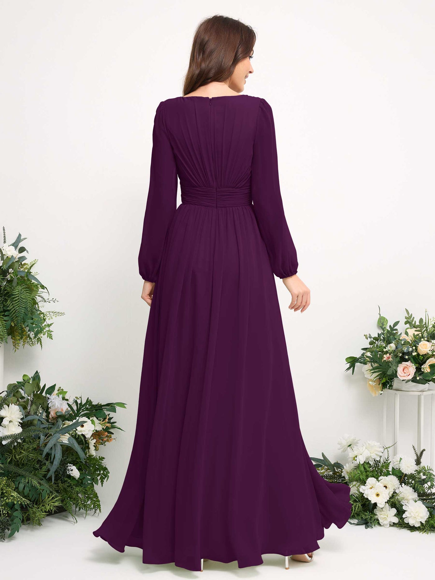 Boat Neck Long Sleeve Chiffon Maxi Dress | Elegant A-Line Bridesmaid & Wedding Guest Dress #color_grape