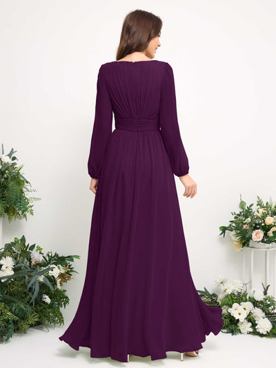 Boat Neck Long Sleeve Chiffon Maxi Dress | Elegant A-Line Bridesmaid & Wedding Guest Dress #color_grape