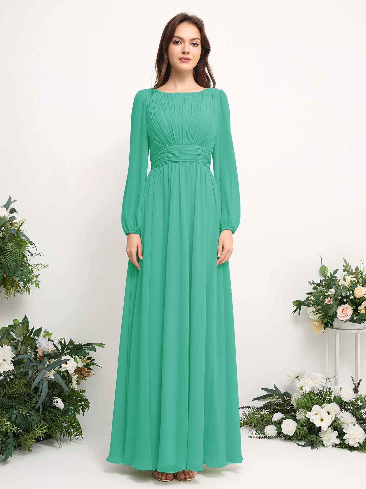 Boat Neck Long Sleeve Chiffon Maxi Dress | Elegant A-Line Bridesmaid & Wedding Guest Dress #color_tiffany
