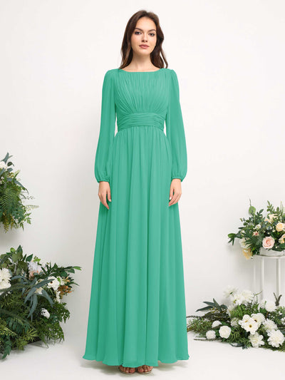 Boat Neck Long Sleeve Chiffon Maxi Dress | Elegant A-Line Bridesmaid & Wedding Guest Dress #color_tiffany