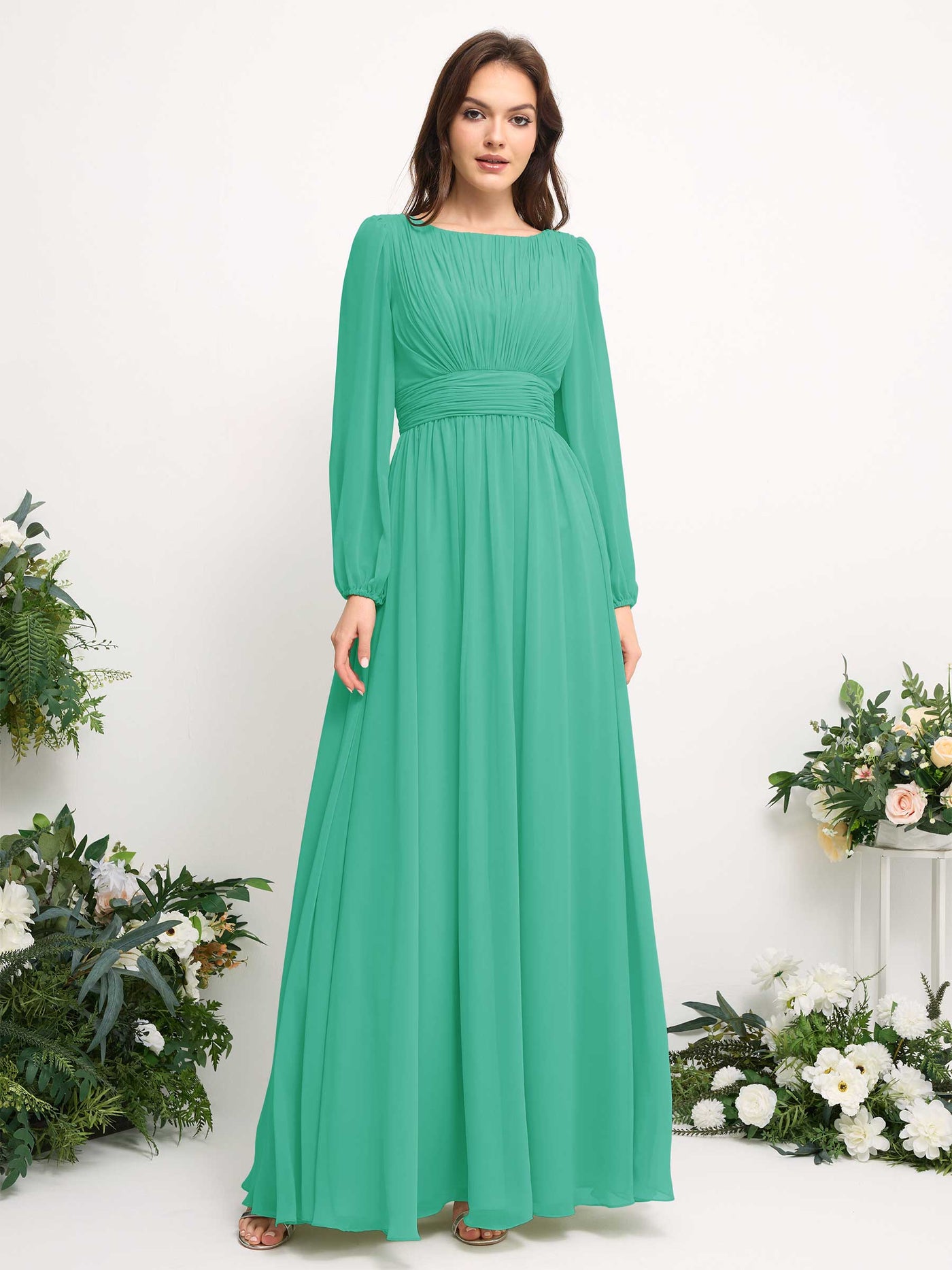 Boat Neck Long Sleeve Chiffon Maxi Dress | Elegant A-Line Bridesmaid & Wedding Guest Dress #color_tiffany