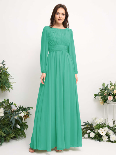Boat Neck Long Sleeve Chiffon Maxi Dress | Elegant A-Line Bridesmaid & Wedding Guest Dress #color_tiffany