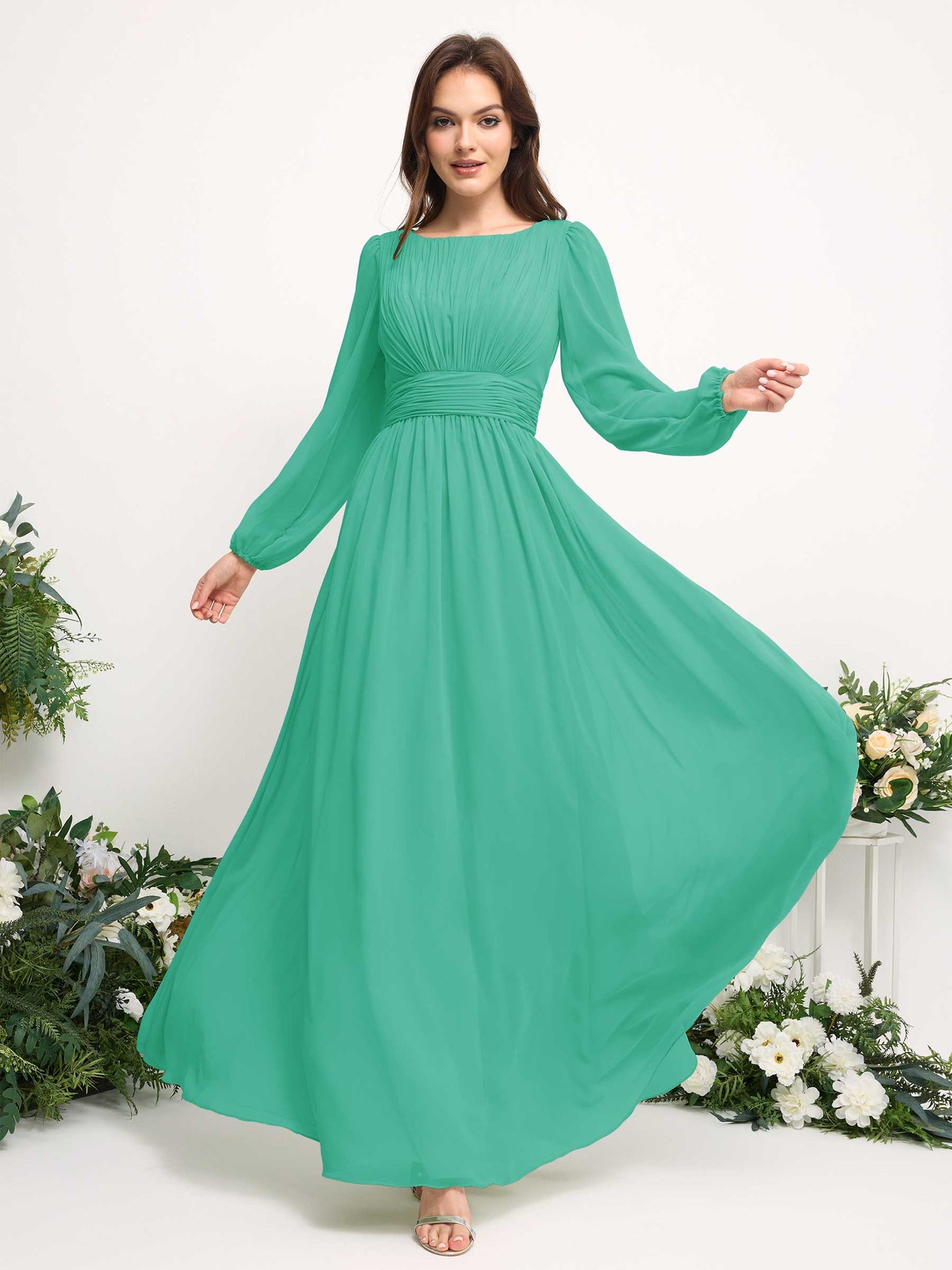 Boat Neck Long Sleeve Chiffon Maxi Dress | Elegant A-Line Bridesmaid & Wedding Guest Dress #color_tiffany