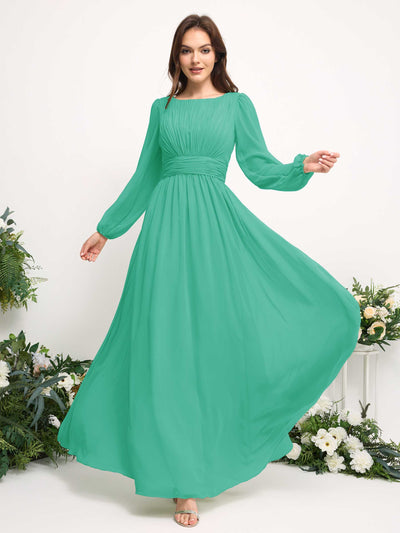 Boat Neck Long Sleeve Chiffon Maxi Dress | Elegant A-Line Bridesmaid & Wedding Guest Dress #color_tiffany