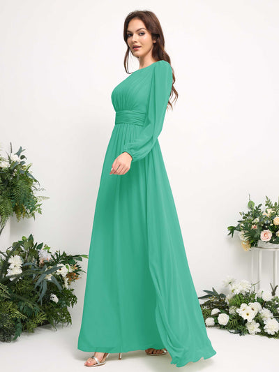 Boat Neck Long Sleeve Chiffon Maxi Dress | Elegant A-Line Bridesmaid & Wedding Guest Dress #color_tiffany