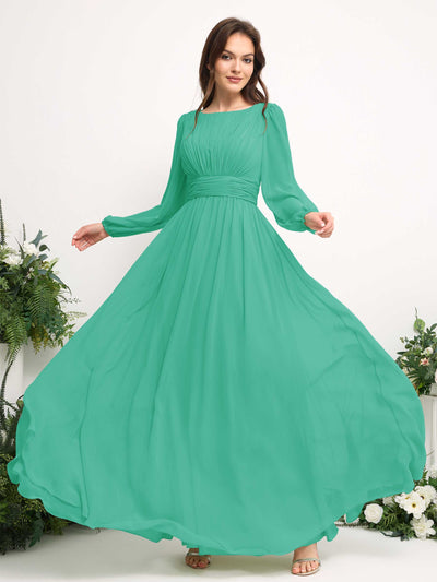 Boat Neck Long Sleeve Chiffon Maxi Dress | Elegant A-Line Bridesmaid & Wedding Guest Dress #color_tiffany