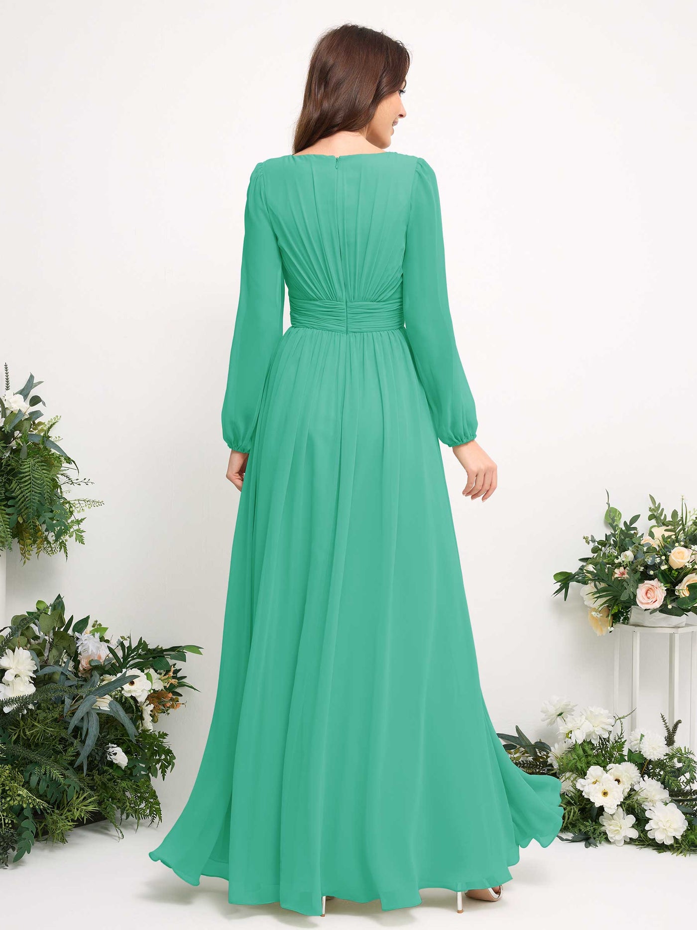 Boat Neck Long Sleeve Chiffon Maxi Dress | Elegant A-Line Bridesmaid & Wedding Guest Dress #color_tiffany