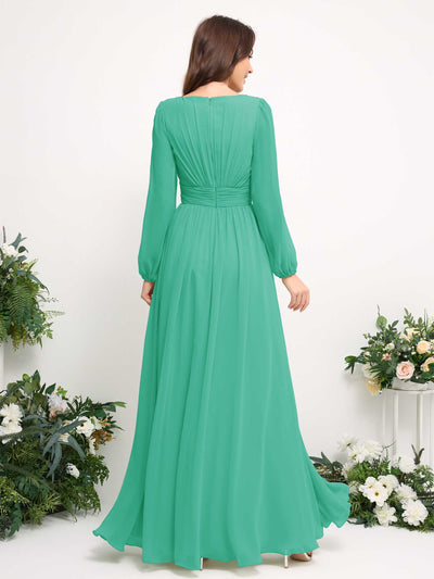 Boat Neck Long Sleeve Chiffon Maxi Dress | Elegant A-Line Bridesmaid & Wedding Guest Dress #color_tiffany