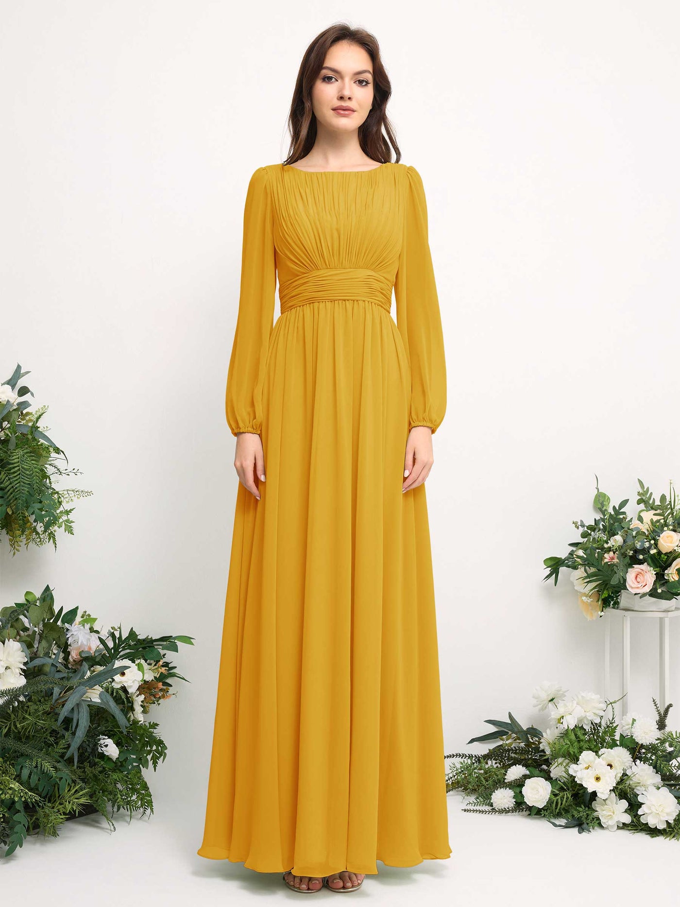 Boat Neck Long Sleeve Chiffon Maxi Dress | Elegant A-Line Bridesmaid & Wedding Guest Dress #color_mustard-yellow