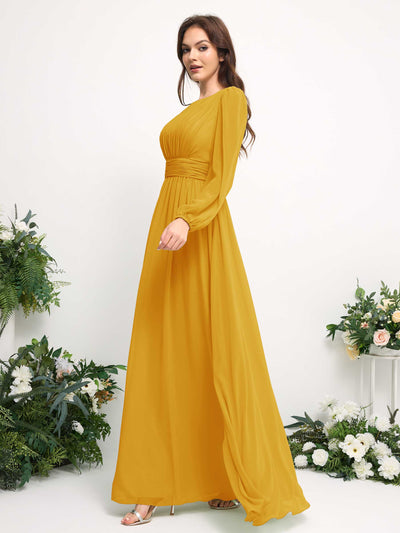Boat Neck Long Sleeve Chiffon Maxi Dress | Elegant A-Line Bridesmaid & Wedding Guest Dress #color_mustard-yellow