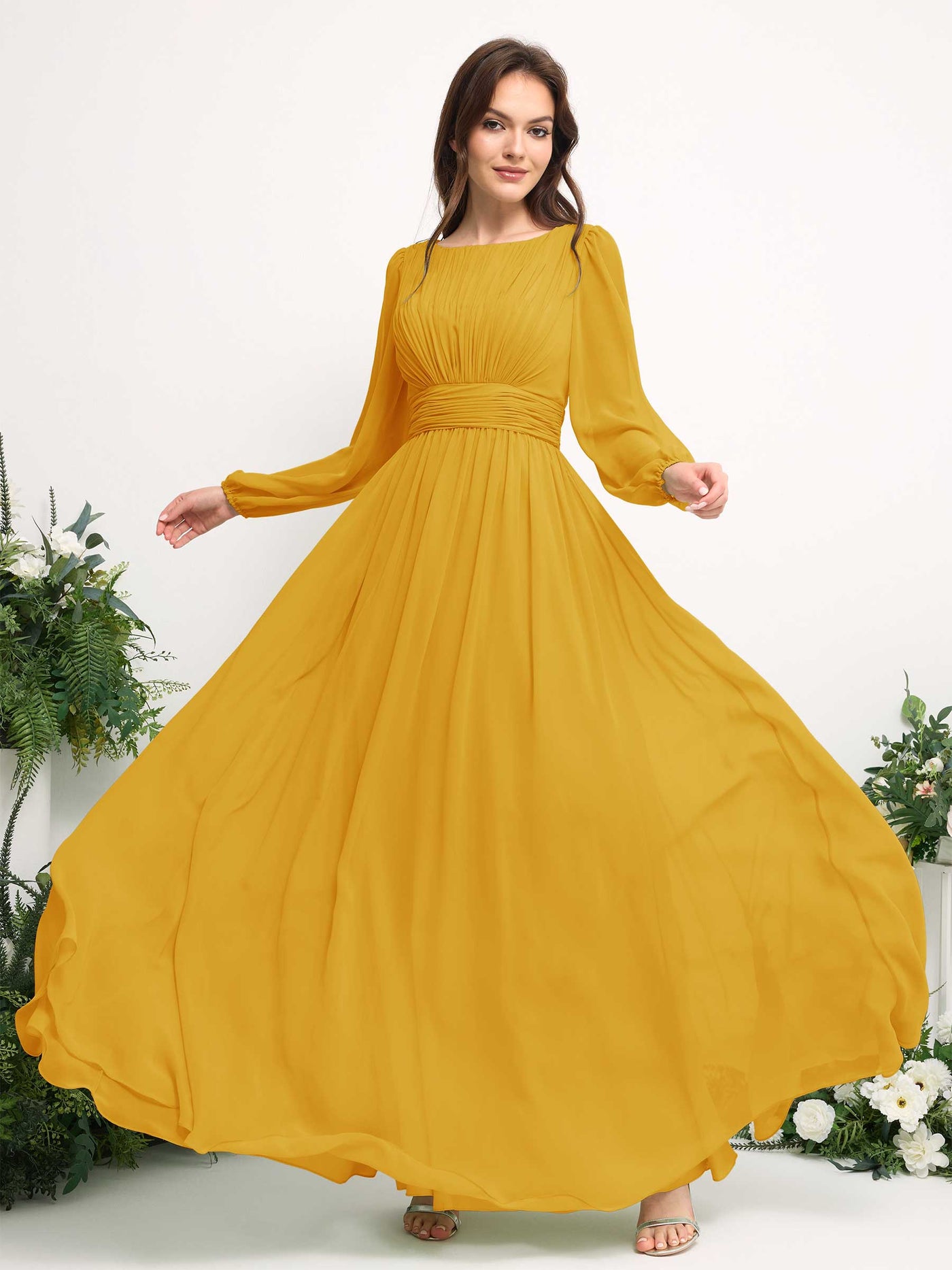 Boat Neck Long Sleeve Chiffon Maxi Dress | Elegant A-Line Bridesmaid & Wedding Guest Dress #color_mustard-yellow
