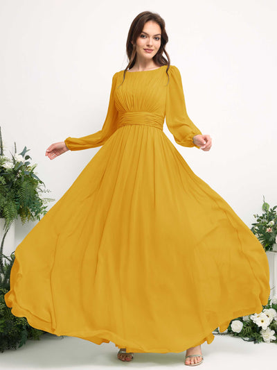 Boat Neck Long Sleeve Chiffon Maxi Dress | Elegant A-Line Bridesmaid & Wedding Guest Dress #color_mustard-yellow
