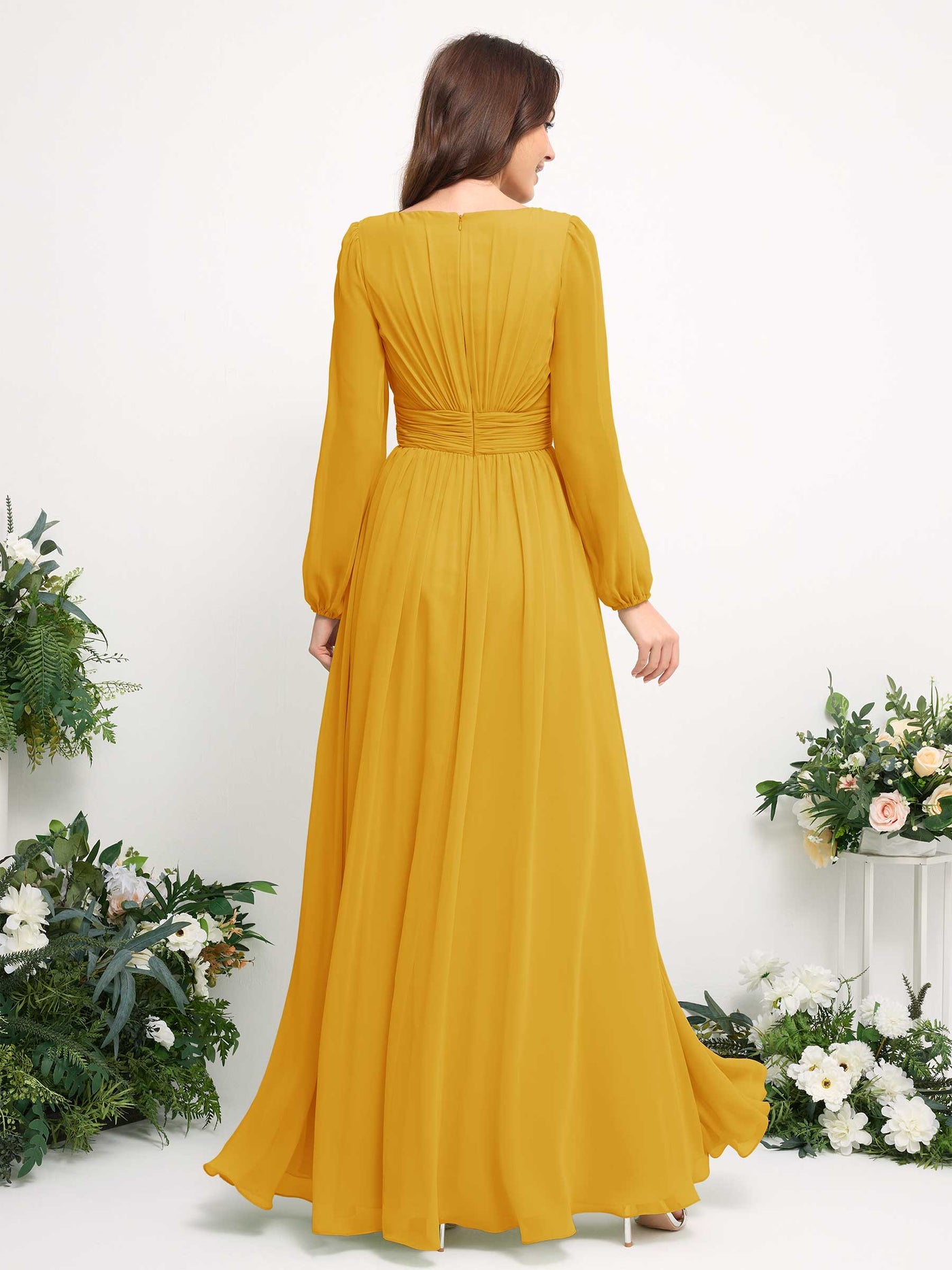 Boat Neck Long Sleeve Chiffon Maxi Dress | Elegant A-Line Bridesmaid & Wedding Guest Dress #color_mustard-yellow