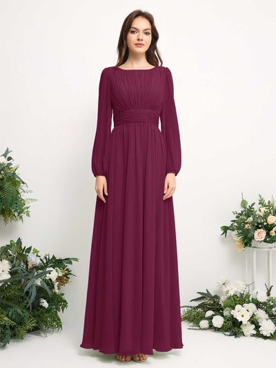 Boat Neck Long Sleeve Chiffon Maxi Dress | Elegant A-Line Bridesmaid & Wedding Guest Dress #color_chianti
