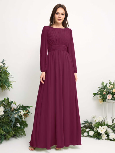 Boat Neck Long Sleeve Chiffon Maxi Dress | Elegant A-Line Bridesmaid & Wedding Guest Dress #color_chianti
