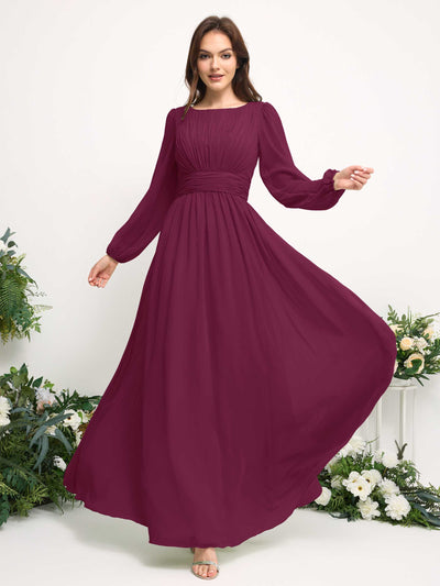Boat Neck Long Sleeve Chiffon Maxi Dress | Elegant A-Line Bridesmaid & Wedding Guest Dress #color_chianti