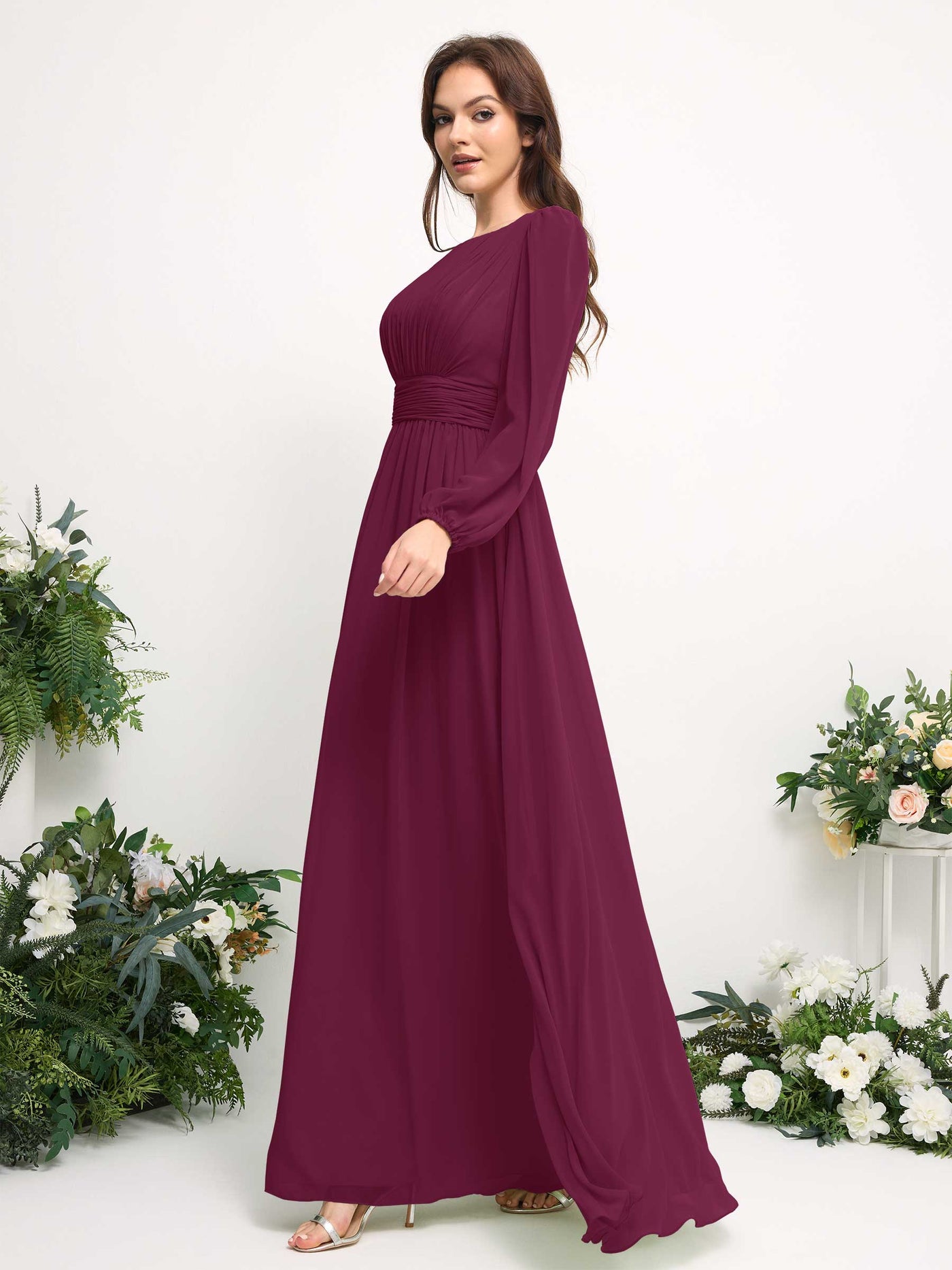 Boat Neck Long Sleeve Chiffon Maxi Dress | Elegant A-Line Bridesmaid & Wedding Guest Dress #color_chianti