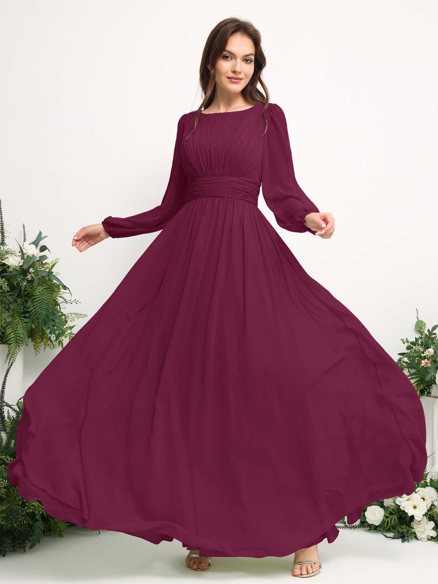 Boat Neck Long Sleeve Chiffon Maxi Dress | Elegant A-Line Bridesmaid & Wedding Guest Dress #color_chianti