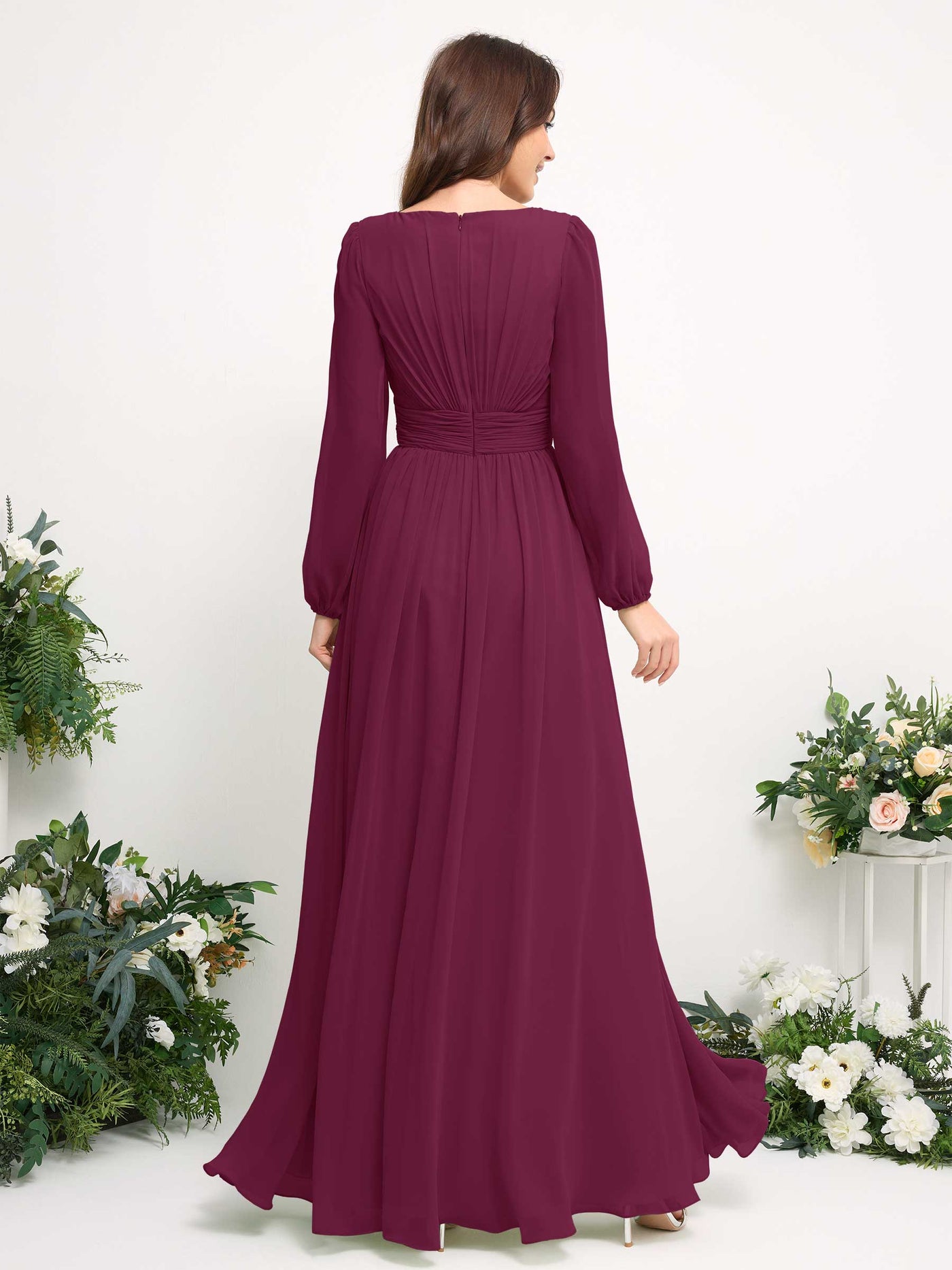 Boat Neck Long Sleeve Chiffon Maxi Dress | Elegant A-Line Bridesmaid & Wedding Guest Dress #color_chianti