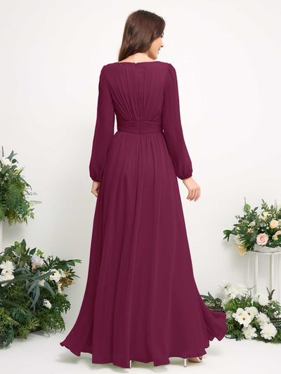 Boat Neck Long Sleeve Chiffon Maxi Dress | Elegant A-Line Bridesmaid & Wedding Guest Dress #color_chianti