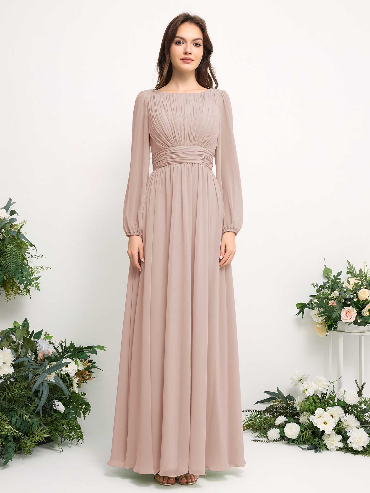Boat Neck Long Sleeve Chiffon Maxi Dress | Elegant A-Line Bridesmaid & Wedding Guest Dress #color_biscotti