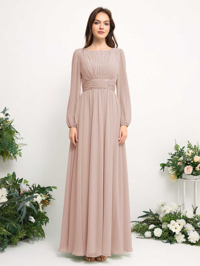 Boat Neck Long Sleeve Chiffon Maxi Dress | Elegant A-Line Bridesmaid & Wedding Guest Dress #color_biscotti