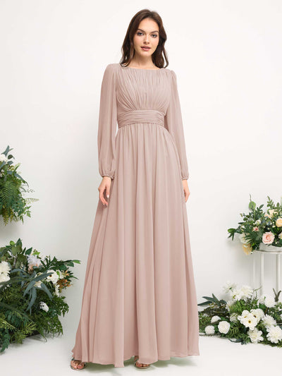 Boat Neck Long Sleeve Chiffon Maxi Dress | Elegant A-Line Bridesmaid & Wedding Guest Dress #color_biscotti