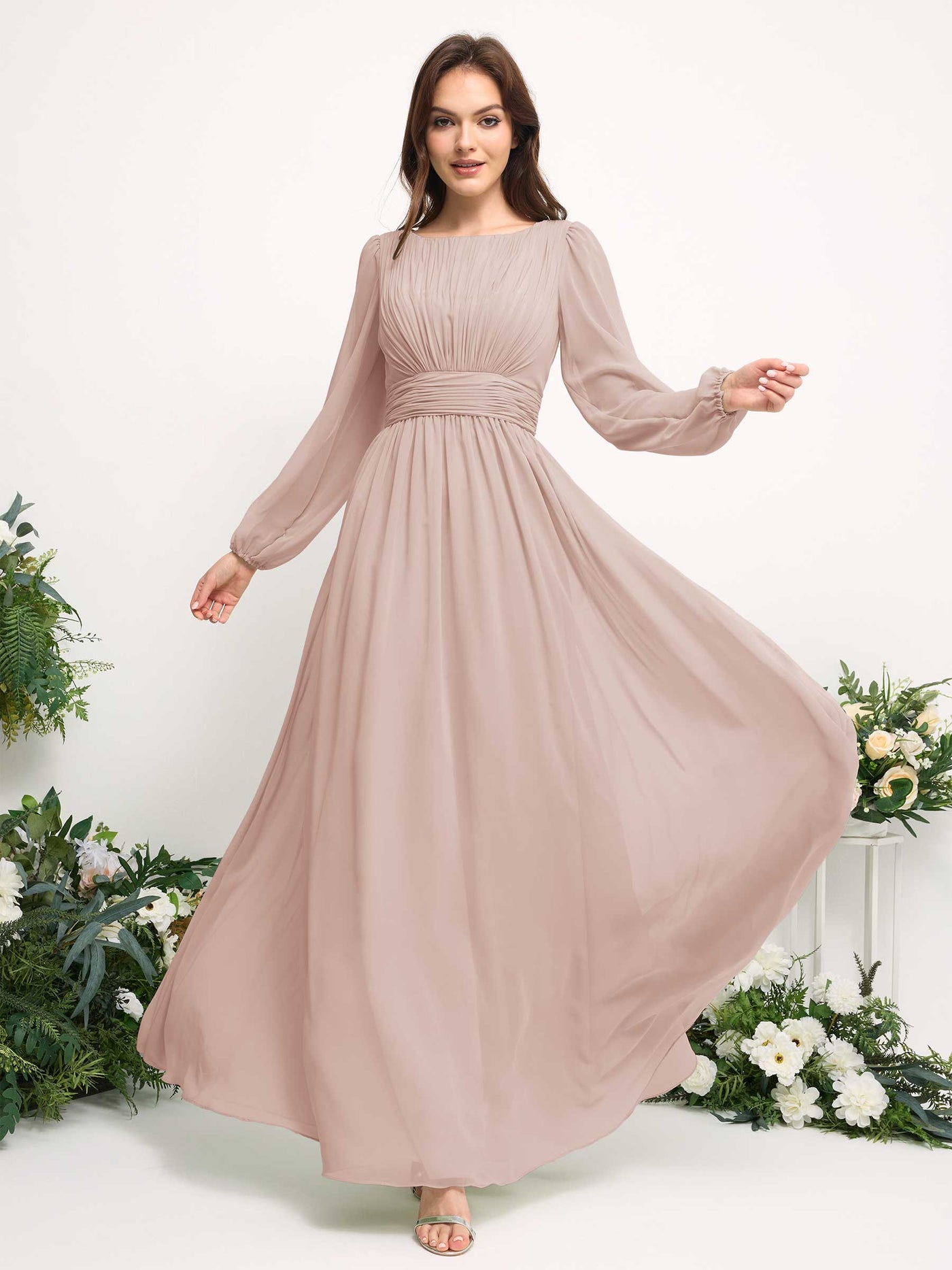 Boat Neck Long Sleeve Chiffon Maxi Dress | Elegant A-Line Bridesmaid & Wedding Guest Dress #color_biscotti