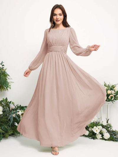 Boat Neck Long Sleeve Chiffon Maxi Dress | Elegant A-Line Bridesmaid & Wedding Guest Dress #color_biscotti
